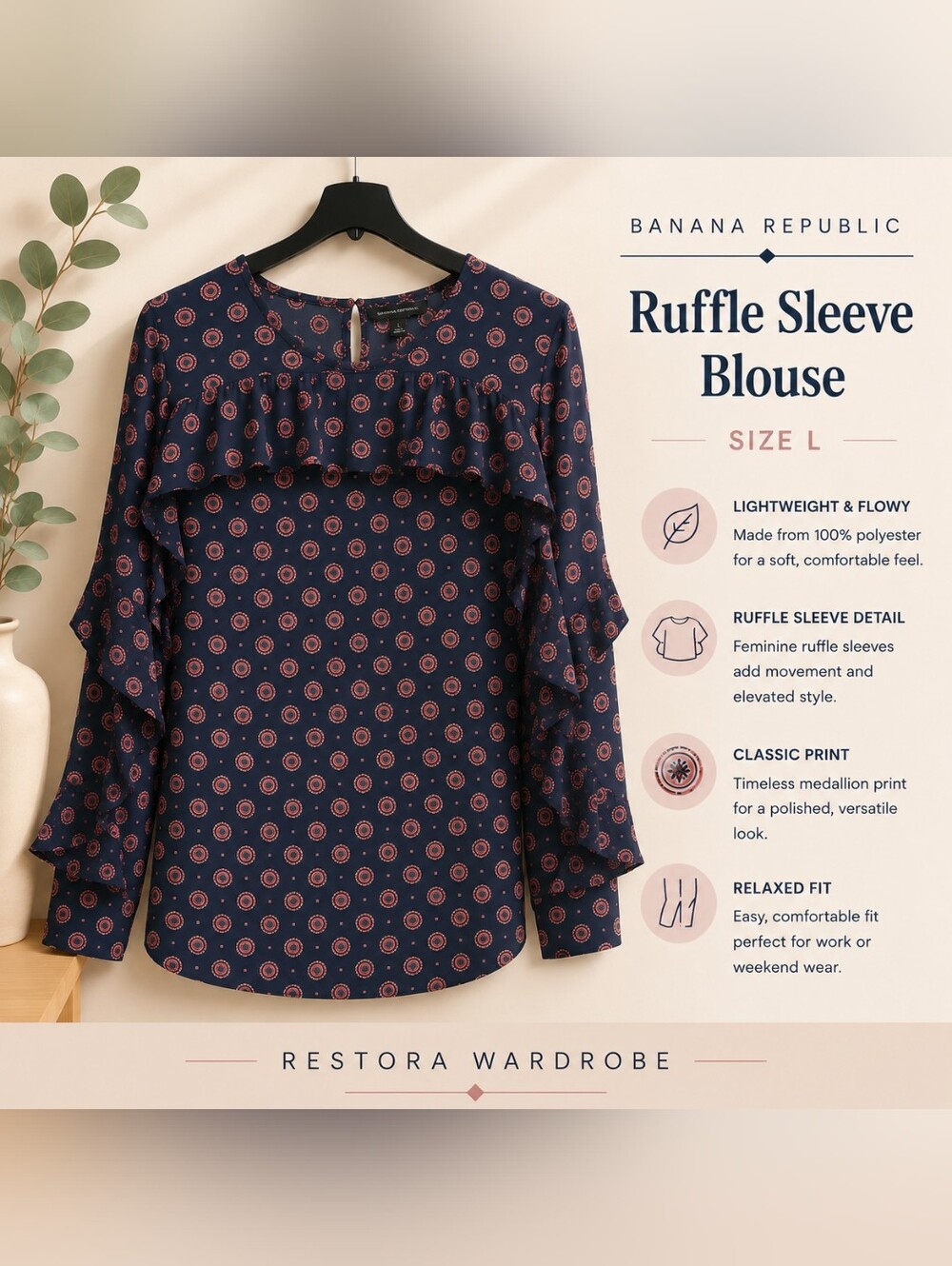 Banana Republic Navy Red Medallion Print Long Sleeve Keyhole Blouse Size L